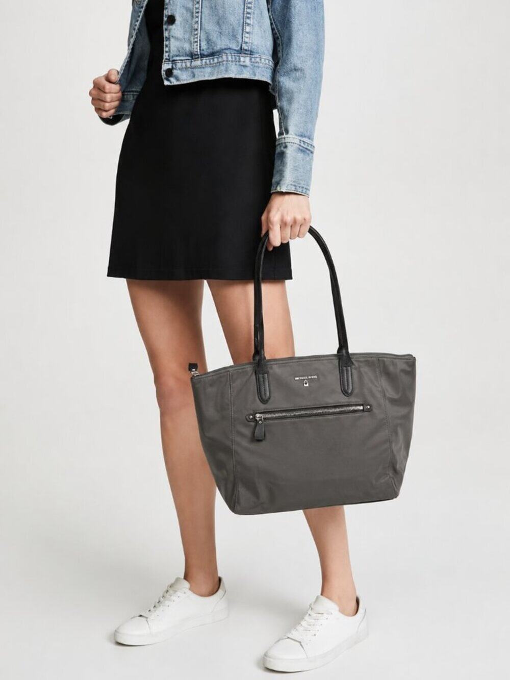 Michael Kors Kelsey Medium Tote Nylon Dark Gray Zip Top Leather Straps Sporty